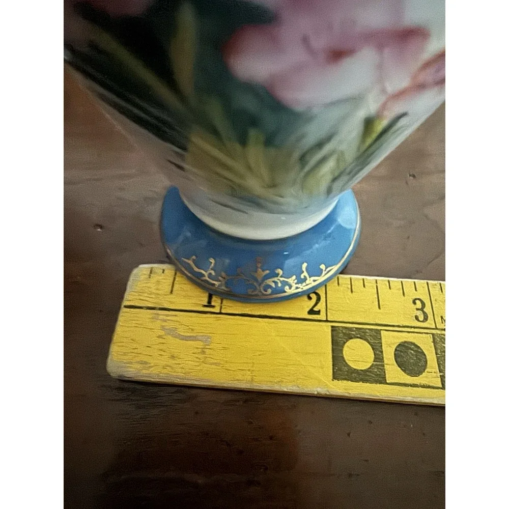 Vintage Japan Porcelain Mantle Vases Pair Hand Painted Blue Gold Gilt Floral 6
